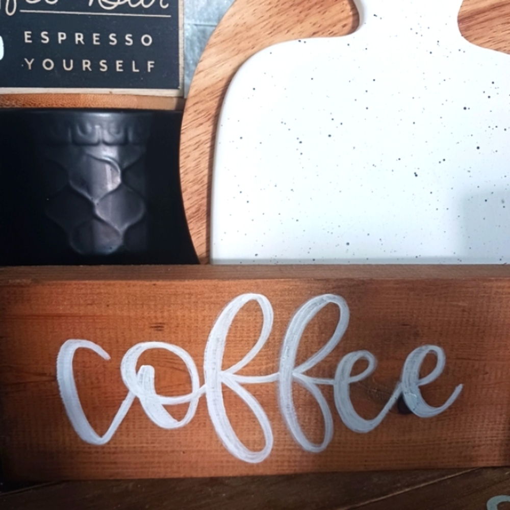 Handpainted "Coffee" Wood Slab Coffee Bar Kitchen Decor